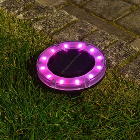 Bliss Outdoors Solar Powered Disc LED Pathway Light turned on and illuminating pink.