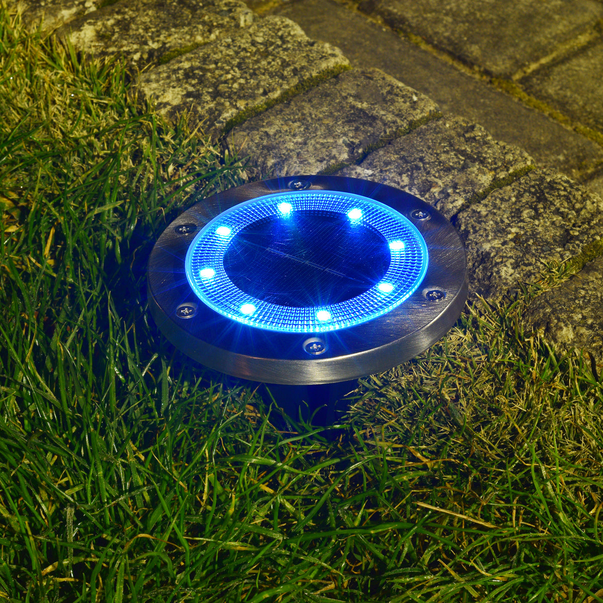 Bliss Outdoors Solar Powered LED Metal Disc Pathway light in the ground lighting up blue.