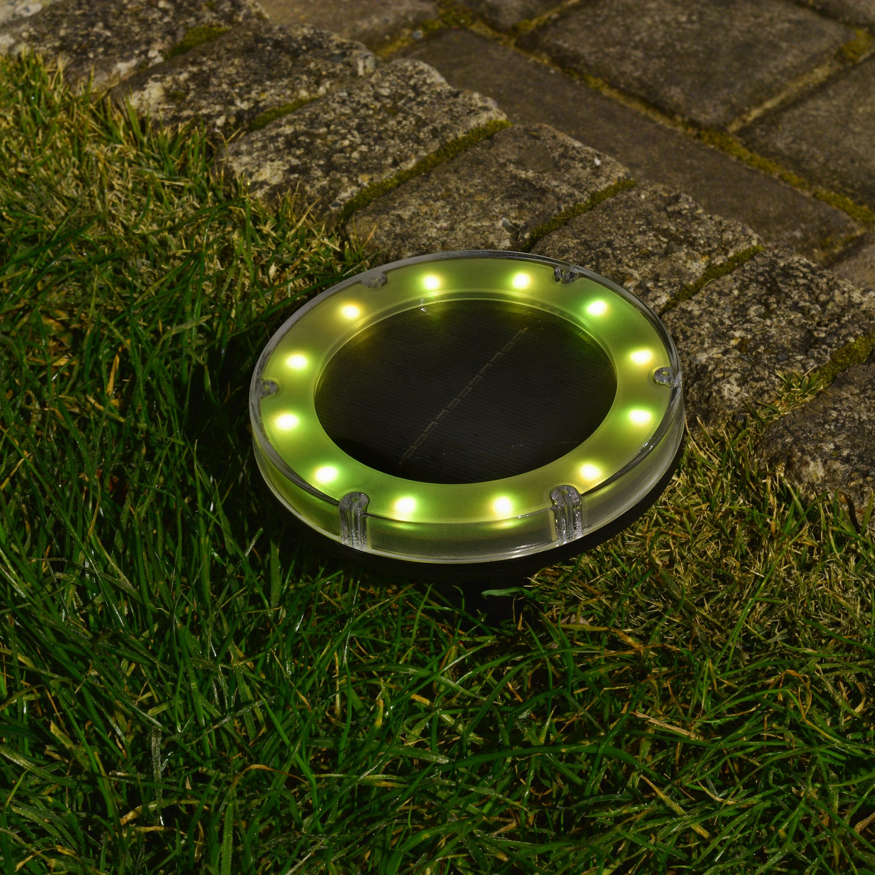 Bliss Outdoors Solar Powered Disc LED Pathway Light turned on and illuminating green.
