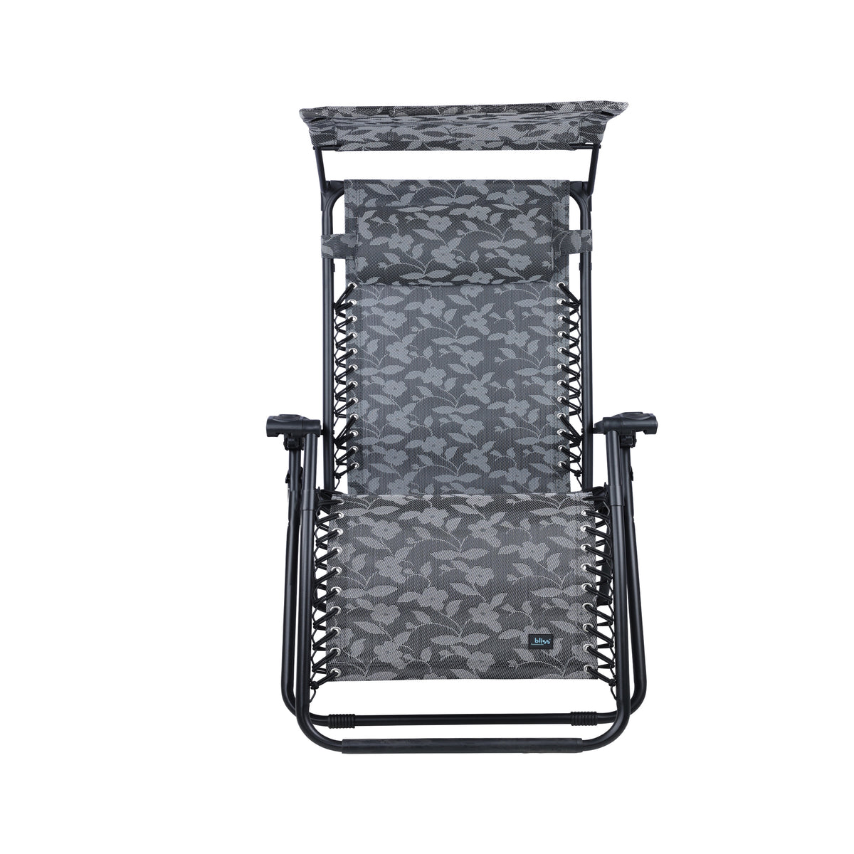 Front view of the Bliss Hammocks 30-inch Wide XL Zero Gravity Chair with Canopy in the platinum flower variation.