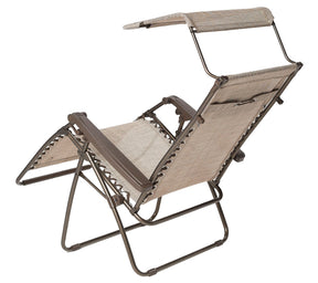 Back-angled view of a reclined Bliss Hammocks 30-inch Wide XL Zero Gravity Chair with Canopy in the sand variation.