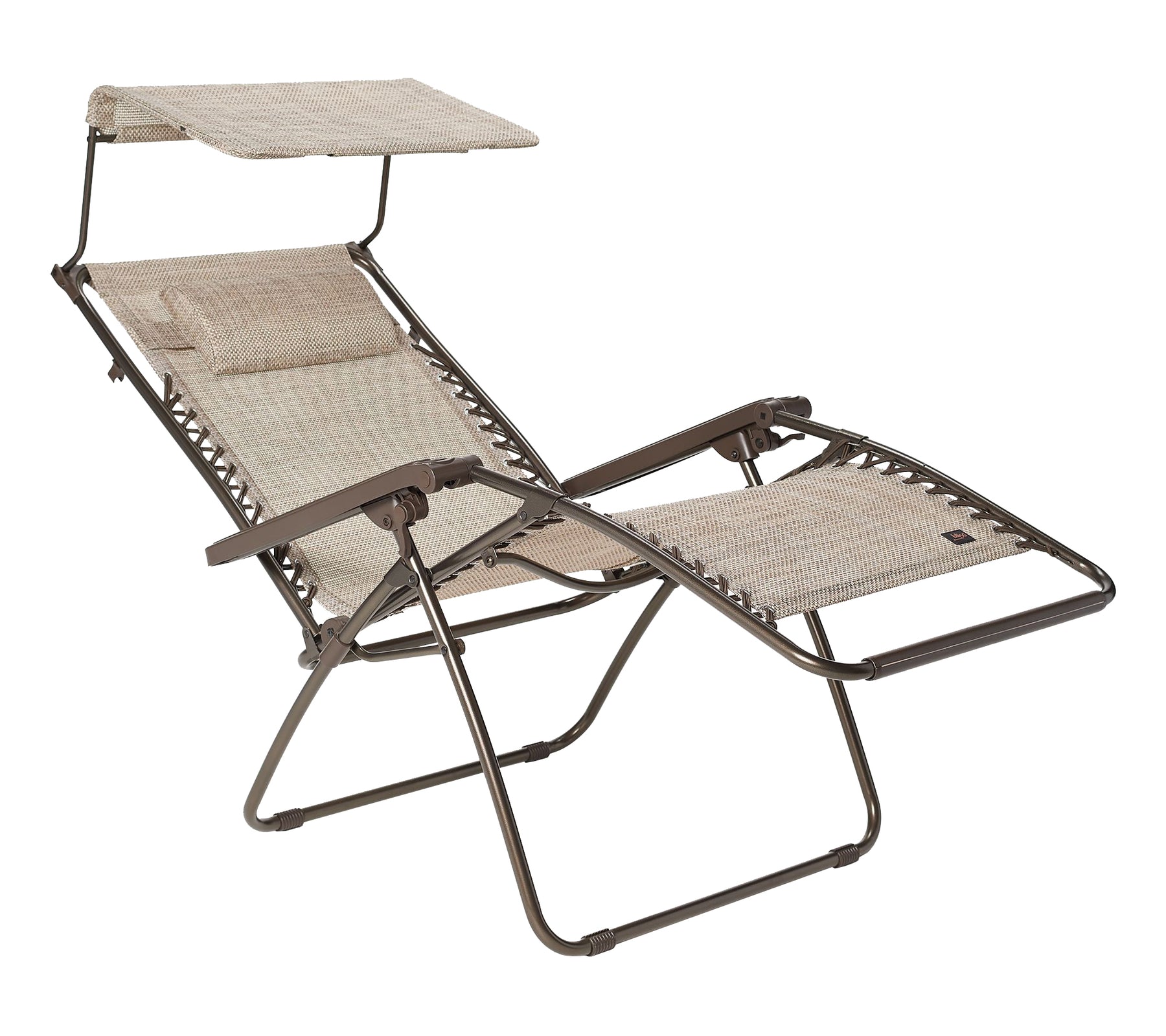 Angled view of a reclined Bliss Hammocks 30-inch Wide XL Zero Gravity Chair with Canopy in the sand variation.