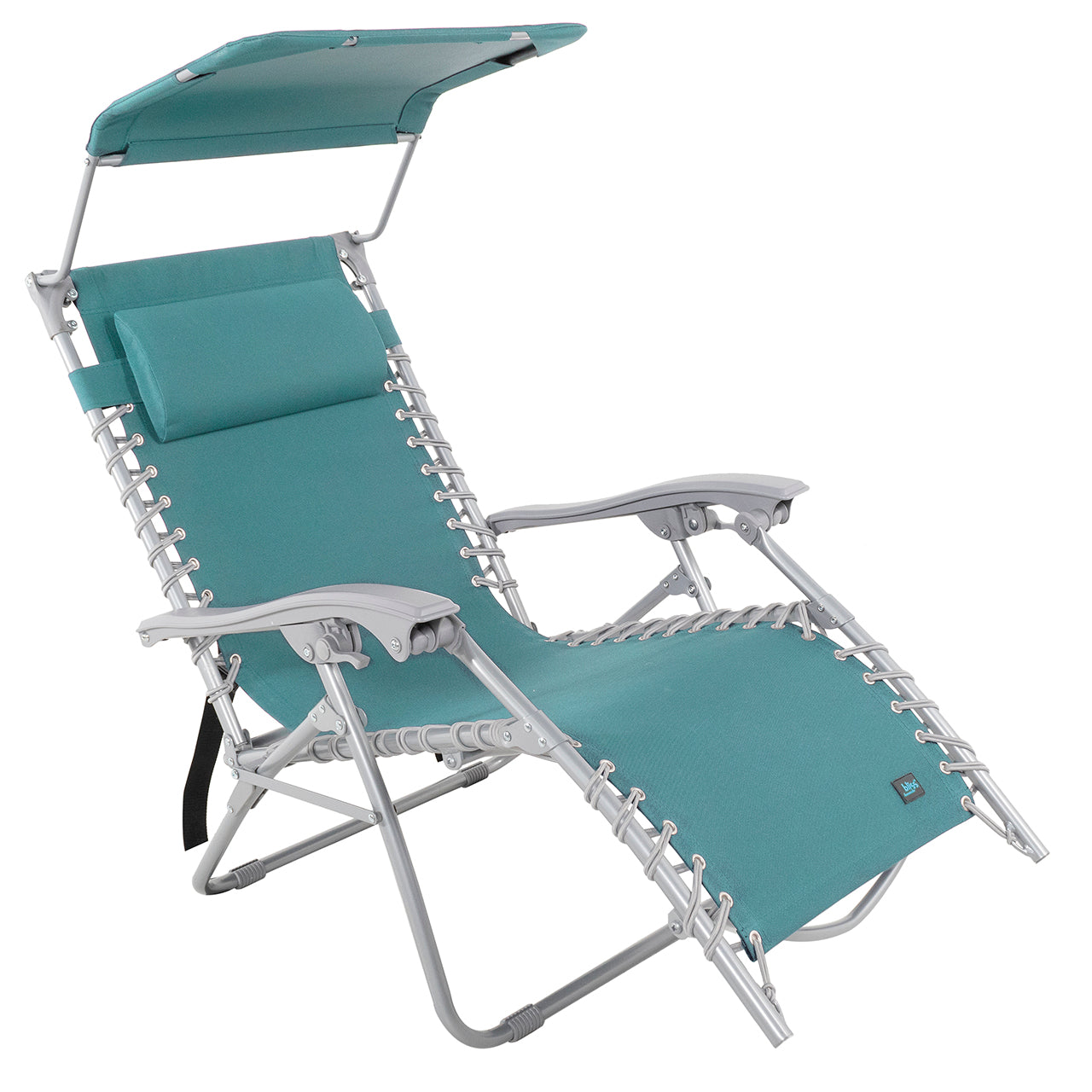 Bliss Hammocks 26-inch Gravity Free Beach Chair with Pillow and Canopy in the sea glass variation.