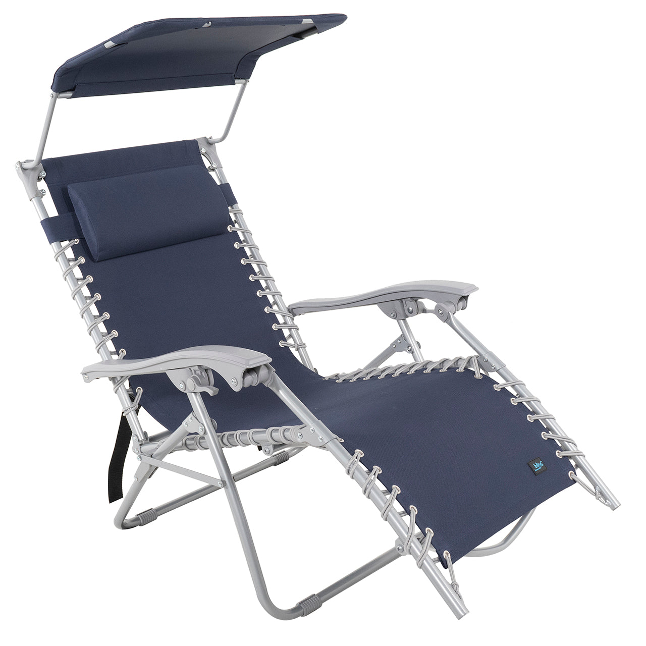 Bliss Hammocks 26-inch Gravity Free Beach Chair with Pillow and Canopy in the dark blue variation.