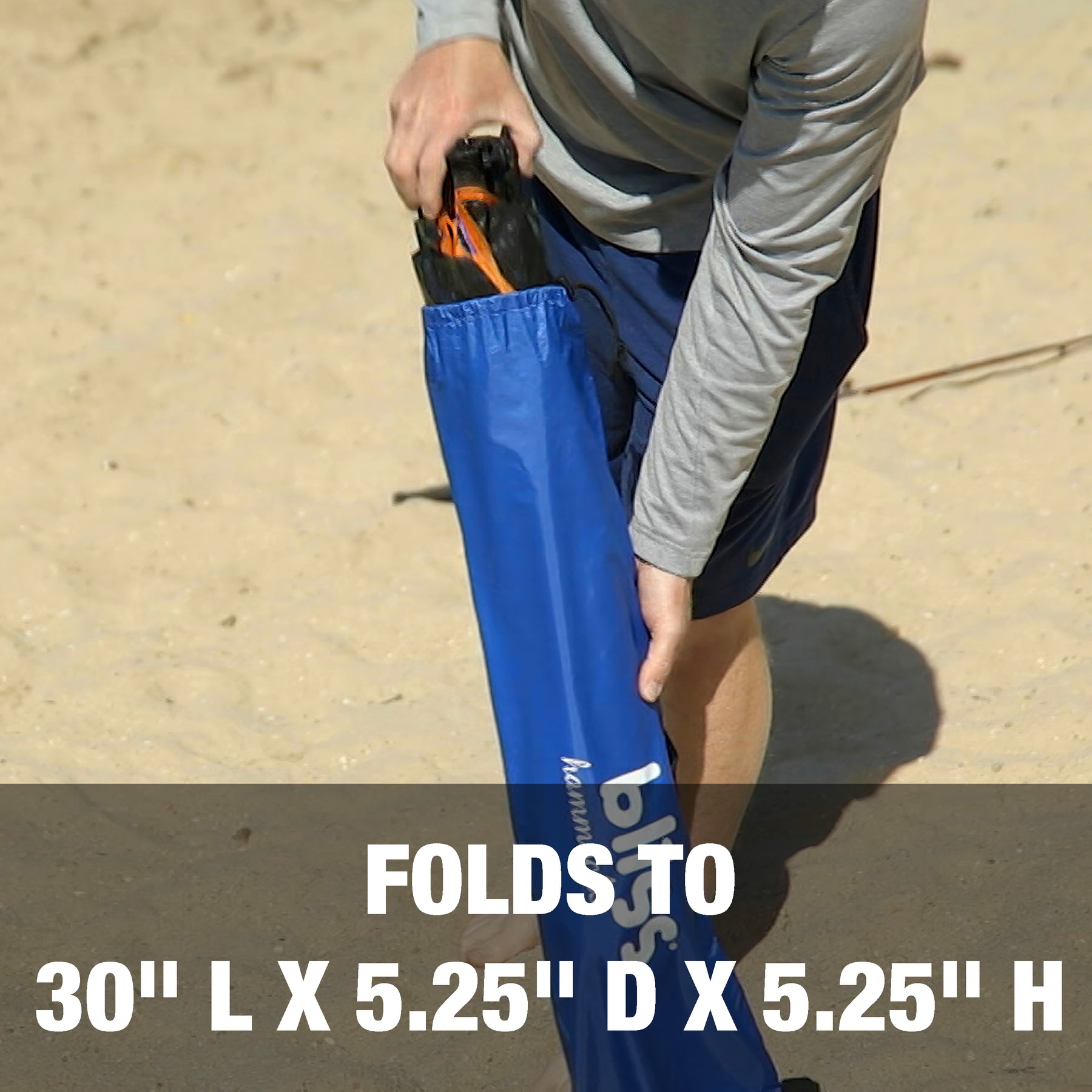 Fold to a length of 30 inches, diameter of 5.25 inches, and a height of 5.25 inches.