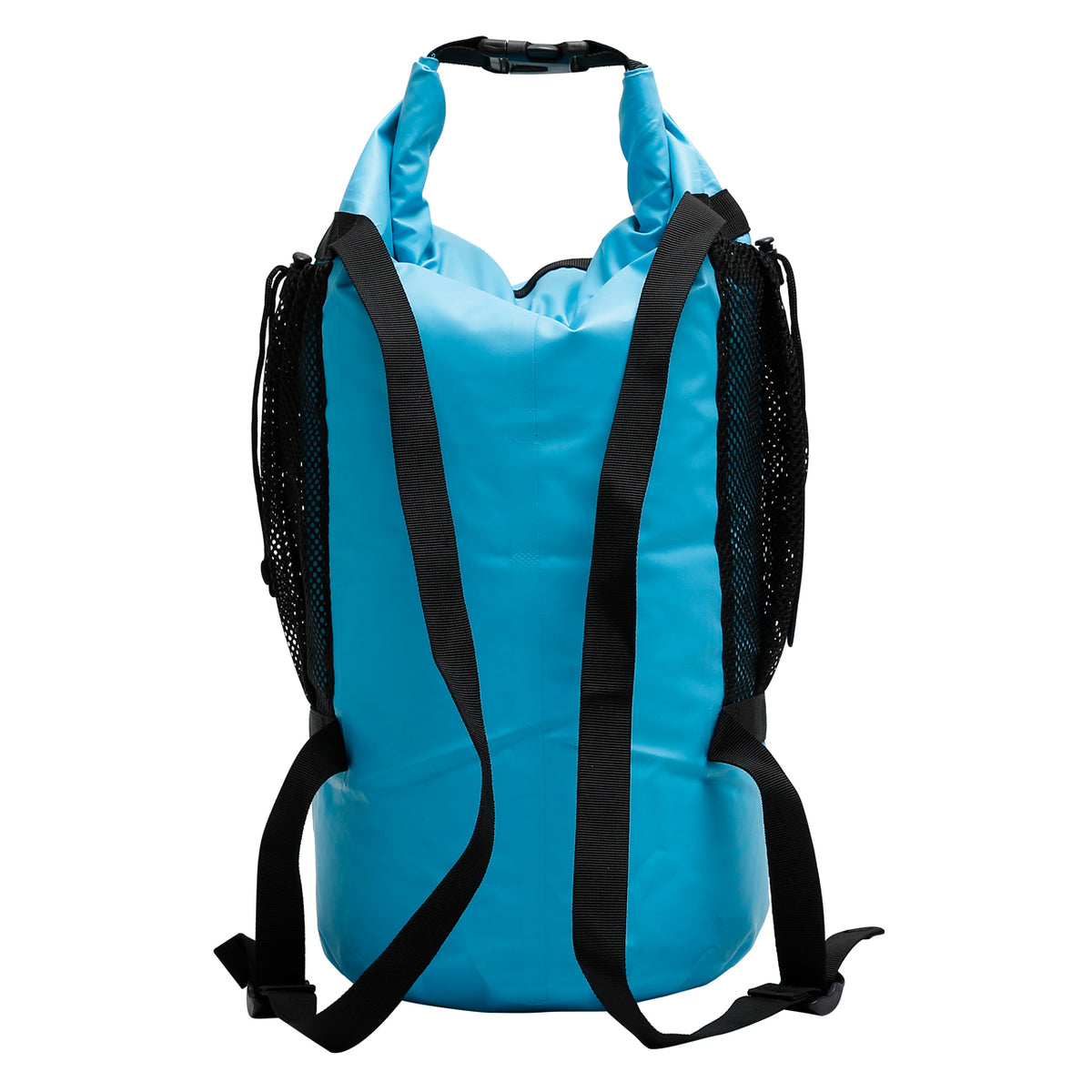 Rear view of the TrailGear 20 liter Dry Bag Back Pack with Netted Pockets in the sky blue variation.