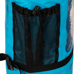 Close-up of the netted pocket on the TrailGear 20 liter Dry Bag Back Pack in the sky blue variation.