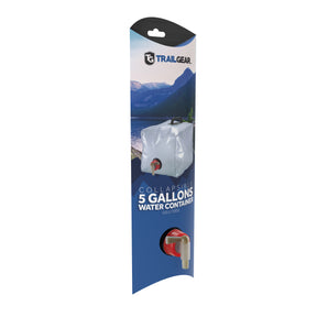 Packaging for the TrailGear 5 Gallon Collapsible Water Container with Handy on and off Spout and Comfortable Carry Handle.