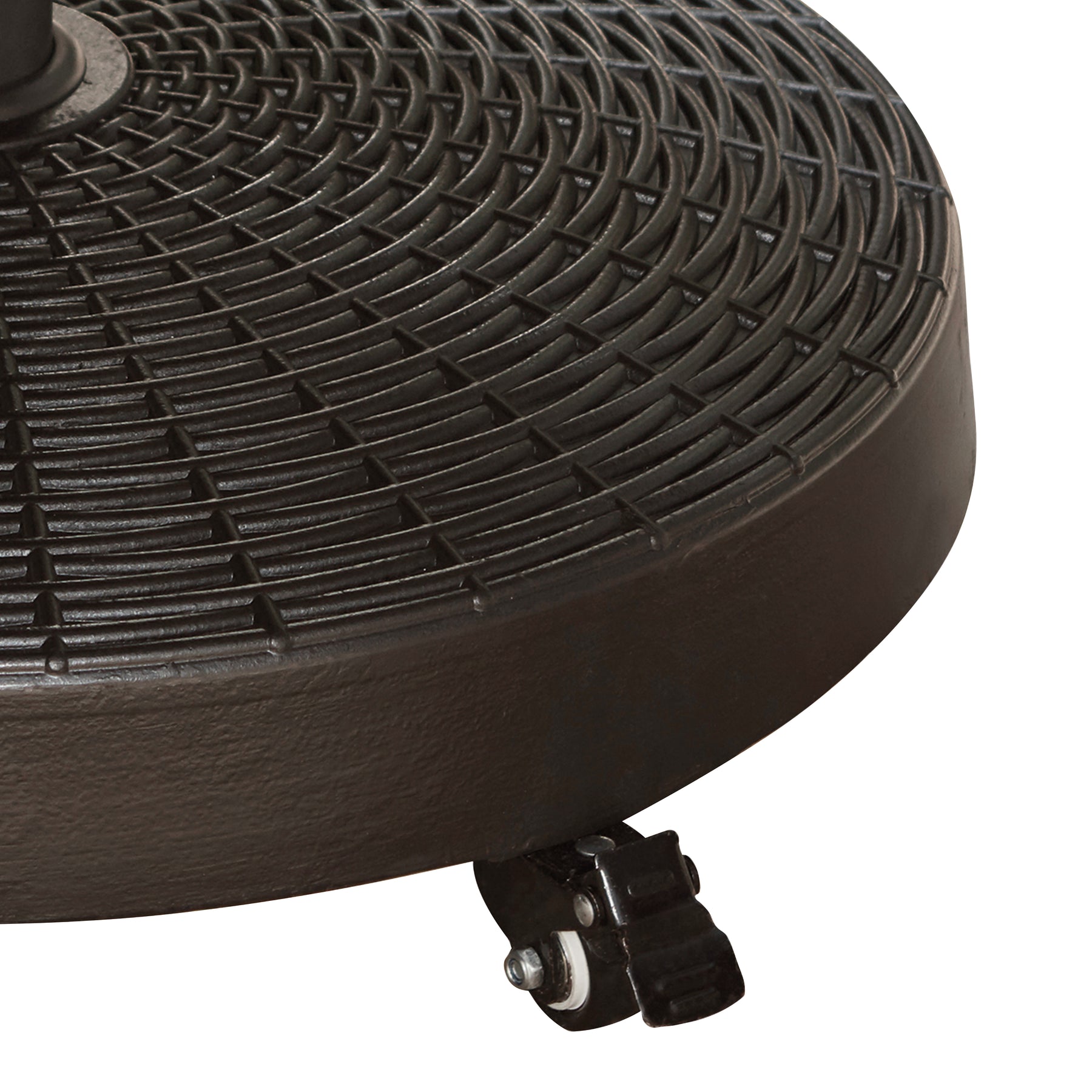 Close-up of a wheel on the Bliss Outdoors 20.5-inch Outdoor Umbrella Stand.